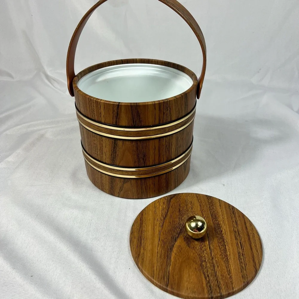 VTG Faux Wood Ice Bucket with Lid Handle Gold Tone Trim Elmar MFG LA Barware